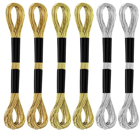 6 Écheveaux Fils à Broder, Fil à Broder Métallique Bracelet d'Amitié Fil à Point de Croix pour Couture Fabrication Artisanat Ficelle Fournitures d'Art (Or + Or Clair + Argent)