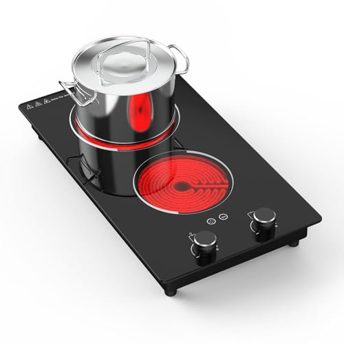 GTKZW Plaque Vitrocéramique 2 Feux 3000W, Plaque de Cuisson Électrique Encastrable ou Pose Libre 51 cm, 10 Niveaux de Puissance et de Température, Minuterie, Verrouillage Enfant