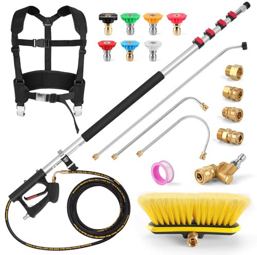 GIANTOOL 24FT Telescoping Power Washer Extension Wand, Gutter Cleaning Tools with Brush Head, 4 Adapters, 7 Spray Nozzles, Upgraded Support Belt, Pressure Washer Wand Extension for Wall Roof Gutter