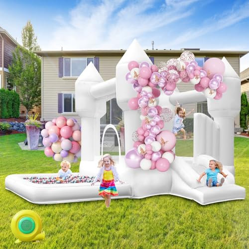 Castello Gonfiabile Bianco con Scivolo Trampolino e Piscina di Palline, Castelli Gonfiabili Esterno Interno con Soffiatore per Bambini Giardino Parco Festa Matrimonio Compleanno Regali, 320×280×210cm