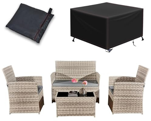 Yaangagpe 4 Piece Rattan Garden Furniture Sets with Cover,Patio Conservatory Set, Include Rattan Loveset Sofa, Chair, Glass Coffee Table,Waterproof Furniture Cover