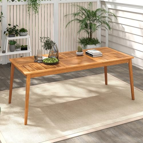 GOPLUS Table de Salle à Manger Extérieur en Bois d'Acacia FSC 90x200CM pour 8 Personnes,Table Salon de Jardin avec Trou pour Parasol Intégré, pour Porche, Jardin, Terrasse, Charge 160KG