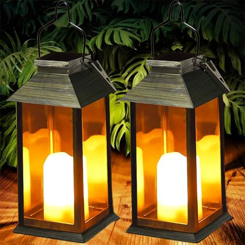 Joycome Lanterne da Esterno 2 Pezzi Lanterna Solare da Giardino con Candele Tremolante, Lampada Solari da Appendere Impermeabile Lampade da Tavolo per Arredo Terrazzo Balconi Decorazioni - Bronzo