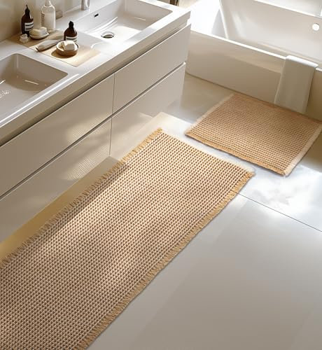 Großer Badteppich Set, rutschfeste Badematte, Badezimmerteppich Set 2 Teilig, Boho Badezimmermatte, Waschbar Duschvorleger für Wohnzimmer Schlafzimmer Badezimmer, Bad Deko, 51 x 120 cm + 41 x 61 cm