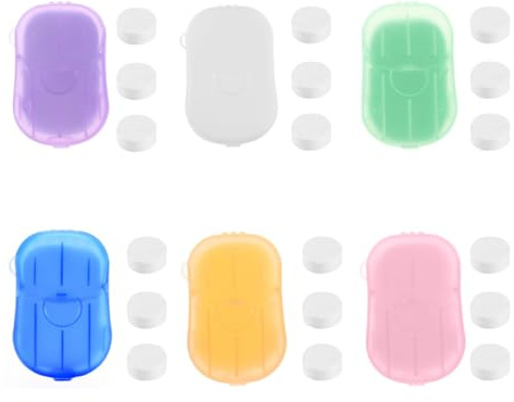 KEQAR 120 Pezzi Sapone in Fogli Monouso - Mini Sapone Portatile con Scatola in Plastica - Ideale per Viaggi, Campeggio e Attività Outdoor (6 Colori)