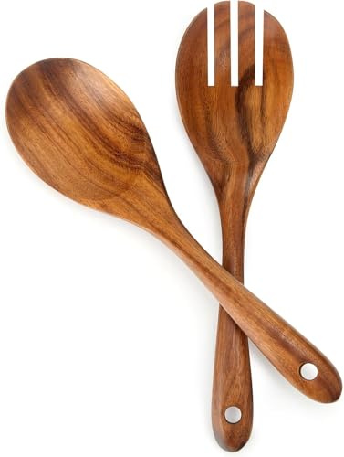 masteymoh 1 träsked 1 trägaffel stor för matlagning, sallad gaffel trä sallad sked trä 33 cm/13 tum teak sked gaffel set, träbestick sallad med långt handtag, 2 stycken ergonomiska salladsbestick