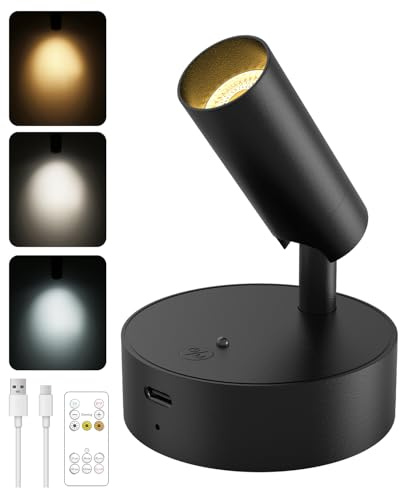 GOODEA Kabellose Spotlight - Aufladbare Wandleuchte Innen Akku bis zu 30 Tage, 3 Farben Dimmbar Wandspot mit Fernbedienung, 350° Drehbare Wandlampe für Wandbilder Pflanzen Home Dekoration [1er Set]