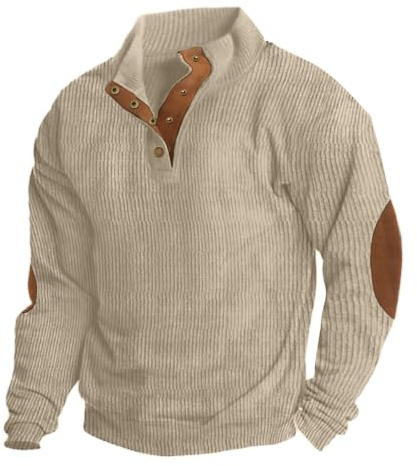 Hisir Sweat-shirts en corduroy pour homme à col Henley, boutons à pression, col montant, manches longues, pour l'hiver, Beige kaki., L