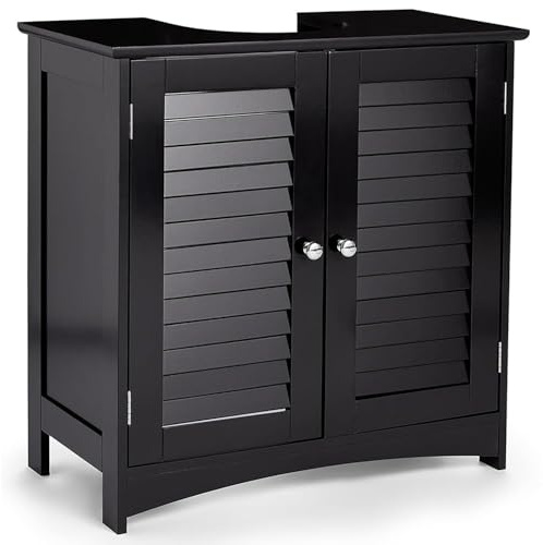 Livhome Black Bathroom Shutter Door Under Sink Cabinet, Compact Freestanding Bathroom Storage Unit with Shelves, Space-Saving Bathroom Sink Cabinet for Under Basin Organization