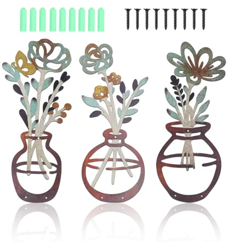 3 Piezas Decoración de Pared Flores Metal, Arte Minimalista con Flores en Jarrón, Esculturas Florales Colgantes, 35x13cm Cuadros Decoracion Salon Modernos para Dormitorio, Baño, Pasillos (Dorado)