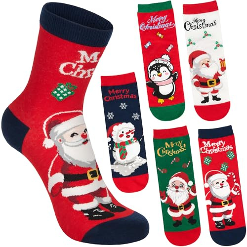 BRUBAKER 5 Par Julsockor för Damer - Santa, Snögubbe och Pingvin - Roliga och Mysiga Strumpor för Julen och Förjulstiden - Färgglada Myssockor - Perfekt Present för Kvinnor & Flickor - Storlek 30-35