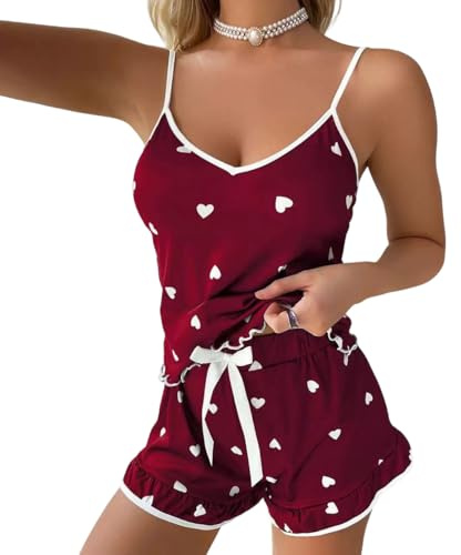 Satohom Womens 2pcs Pyjamas Sets Ice Silk Satin Loungewear Love Printed Sexy Adjustable Spaghetti Straps Cami Short Sleeve Shirt Sleepwear Ladies Summer Suspender Home Clothes Set Soft Pjs