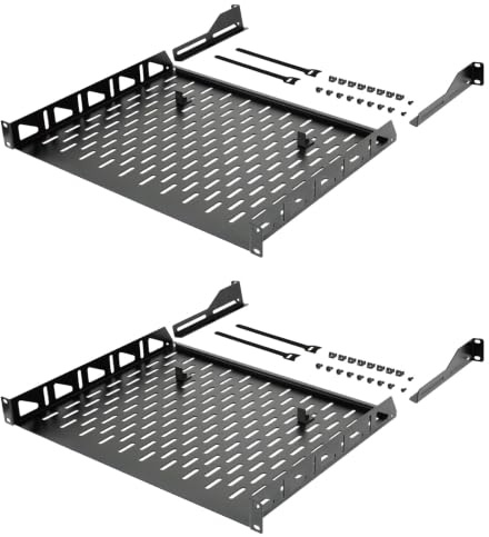 Tecmojo 19 Pulgadas 1U Estante de Montaje Fijo, Profundidad 355,6mm, Fijación Frontal, con Topes Antideslizantes, Capacidad de Carga 25kg, 2 Unidades, Negro