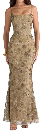 EWYRJYH Vestido Bordado con Cordones En La Cintura, Malla Floral Top con Cintura Entallada Cordones En La Espalda Tirantes Finos, Ocasiones Formales y Fiestas