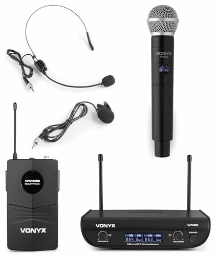 Vonyx WM82C Digital - Sistema Radiomicrofono UHF, 2 Canali, 1x Microfono Headset & Trasmettitore Tascabile/1 x Microfono a Mano, Fino a 50 m di Copertura, Valigia di Trasporto