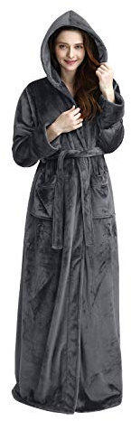 iCREAT Womens Long Hooded Bathrobe Fleece Full Length Bathrobe with Hood Winter Sleepwear