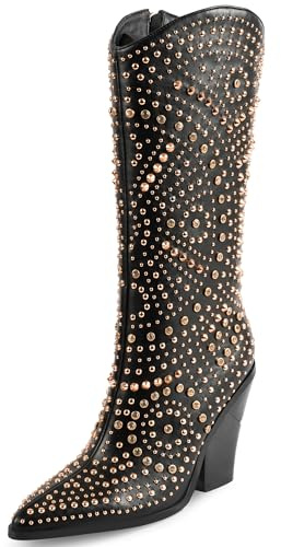 iiimmu Calf High Boots for Women Black Pointed Toe and Chunky Heel Boots Luxurious Studded Mid Calf Boots with Side Zipper, Studs, Rhinestones, Size US 8
