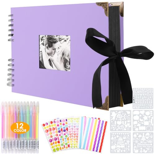 Album Photo Scrapbooking à Spirale 80 Pages, Bricolage, avec 2 Coins pour Photo, 6 Autocollants, 5 Pochoirs, 12 Marqueurs Colorés pour Anniversaire de Mariage, Anniversaire, Noël, Violet