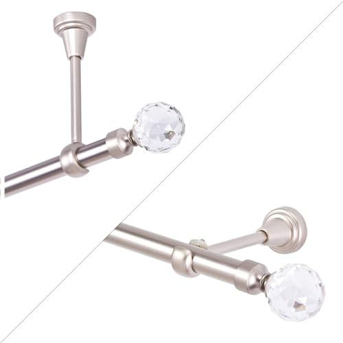 Gardinenstange 200 cm, 1-läufig, Chrom Matt, Vorhangstange mit Kristallkugel, für Wandmontage- oder Deckenbefestigung