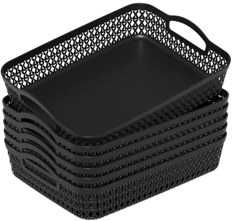Afromy 6-Pack Plastic Shallow Storage Basket Tray, Shallow Kitchen Storage Tray for Shelves, Black