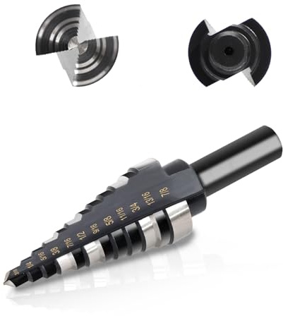 COMOWARE Step Drill Bit, 12 Sizes from 3/16 to 7/8, High Speed Steel Step Bit with 2 Straight Flutes, 3-Flat Shank, Steps Bits for Metal, Aluminum/Wood/Plastic/Iron, Unibit for Electricians & DIY