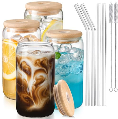 myhtgd Iced Coffee Cup,Glass Cups with Lids and Straws,Drinking Glasses with Bamboo Lids and Glass Straw 4Pcs Set - 16Oz,Smoothie Cup,Beer Glasses,Clear Cute Tumbler Cup,Smoothie Cup