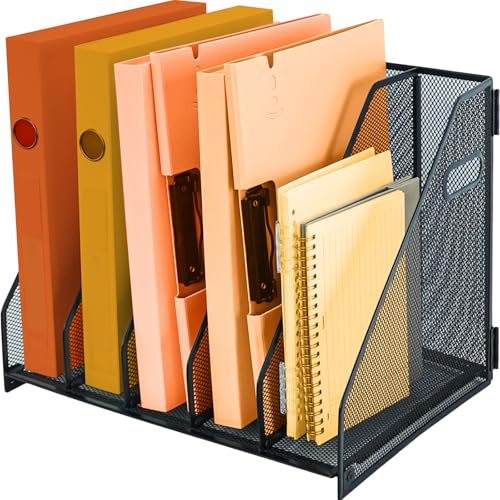 PLSOPPKG Metal Magazine File Holder Office Desk Tidy Folder Organiser With 5 Vertical Compartments，Metal File Storage Folder Document Rack For Office School Home (Black)