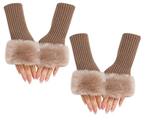 FSSTUD Fingerlose Handschuhe aus Kunstfell, Handgelenklänge, Armstulpen, pelzig, gestrickt, Halbfingerhandschuhe, Winter, Daumenloch, Khaki, 2 Paar