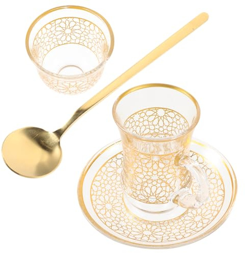 HOODANCOS Ensemble de Tasses à Café en Verre 200 Ml avec Soucoupe Design Vintage à Bord Doré Tasses à Cappuccino et Latte pour Maison et Bureau Set Décoratif Léger et Pratique