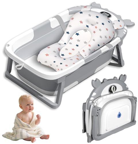 Vautvis Babybadkar, Vikbart Babybadkar Med Termometer Och Badmatta, För Nyfödda Till Småbarn 0–36 Månader (Grå)