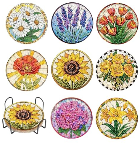 CZXCV 8 stycken runda Diamond Painting-underlägg, halkfria blomunderlägg med hållare, 5D DIY diamantkoppsunderlägg för vuxna, barn och nybörjare, heminredning, bilmugg