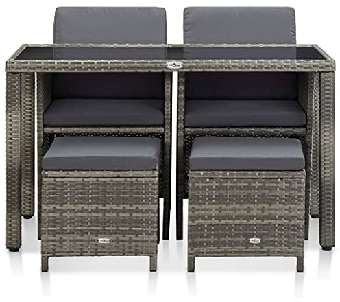 PUGYNBK Set de salle à manger extérieur 5 pièces en osier gris avec coussins | Table avec verre, chaises et tabourets, structure en acier, housses lavables, imperméable