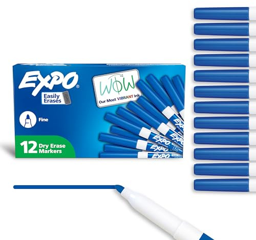 EXPO Dry Erase Markers, Low Odor Ink, Blue, Fine Tip, 12 Count - Whiteboard, Calendar, Organization, Essential Supplies for Office, School, Classroom, Teachers