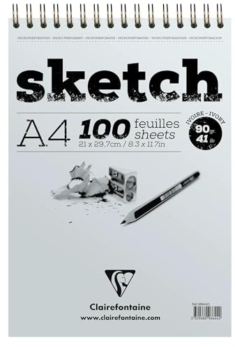 Clairefontaine 96644C – Rithäft/skissblock skissbok DIN A4 21 x 29,7 cm med dubbel spiral, 100 ark, elfenben 90 g byggigt ritpapper med fint kornig, perfekt för torrteknik, 1 styck