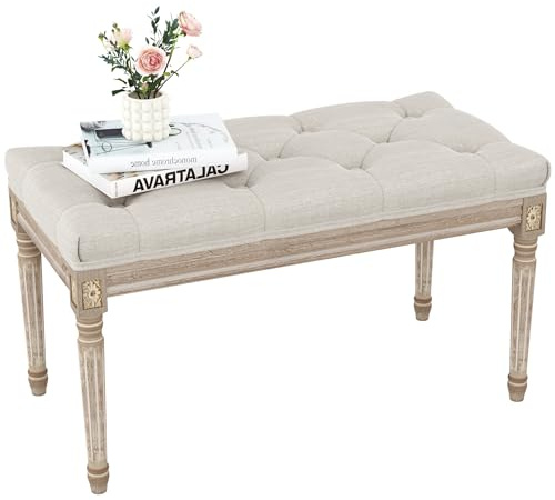 Yusong Upholstered Bench, Bedroom Bench for End of Bed, Piano Bench with Button Tufted Padded Seat for Living Room, Dining, Entryway, Shoe, Vanity Foot-Stool with Carved Wood Legs, Beige