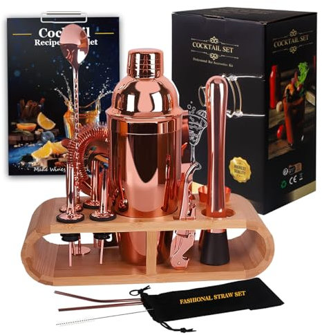 ZBPASL Set di 16 shaker cocktail, cocktail shaker, jigger, una pinza per ghiaccio, set da cocktail con muddler, shaker da cocktail, set di attrezzi da bar (oro rosa)