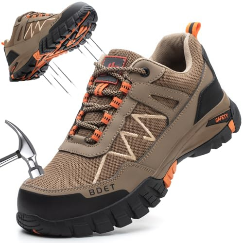 BDETIBAYE Steel Toe Sneakers, Comfortable Safety Shoes for Men & Women, Slip On Construction Work Shoes, Brown 11