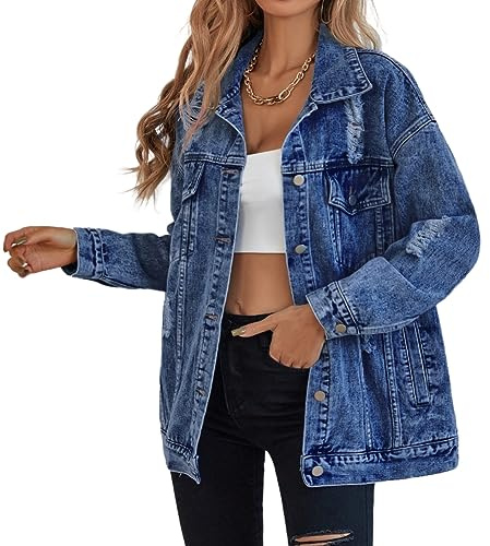 Giacca di jeans oversize per le donne giacca di jeans strappata boyfriend manica lunga Trucker Coat, Blu scuro, Small