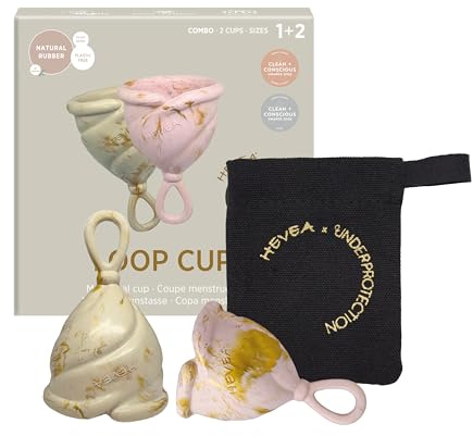Hevea Coppetta mestruale Loop Combo-Pack taglia 1 e 2 (fard dorato e sabbia dorata), realizzata in 100% gomma naturale, coppa mestruale più morbida - indossare fino a 12 ore