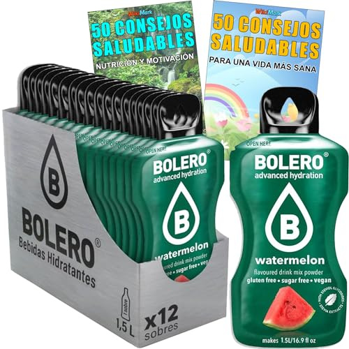 Lote Bebida Bolero (12 x 9 Gr) Sabor SANDÍA Hidratante con Vitamina C, Sin Azúcar + Tarjeta con 100 Consejos Saludables y Vida Sana x WikiMark (12 Sobres + Tarjeta 100 Consejos, SANDÍA (WATERMELON))