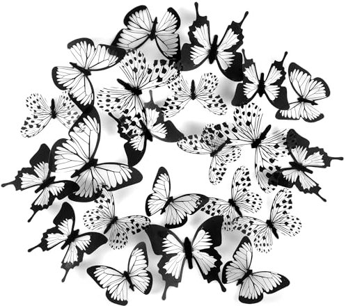 24pcs 3D Butterfly Wall Stickers, Black White Butterfly Wall Decals Art Removable Mural Stickers Artificial Wall Butterflies for Crafts Home Room Bedroom DIY Decor Wallpaper