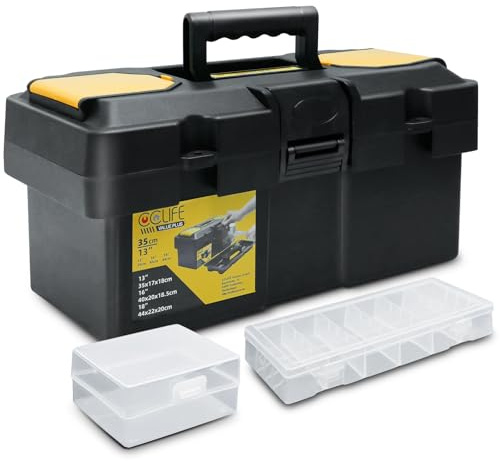 CCLIFE Werkzeugbox 13 Werkzeugkasten 35 x 17 x 18 cm Koffer mit 2 kleinen Aufbewahrungsboxen, Schnellverschluss und Organizer, stabiler Organizer aus Kunststoff für diverse Werkzeuge