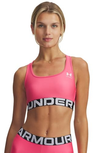 Under Armour Mujer Heatgear Mid, Sujetador Deportivo elástico con sujeción Media, Top de Gimnasia con Doble Forro no acolchadoSuper Pink / / White,XS