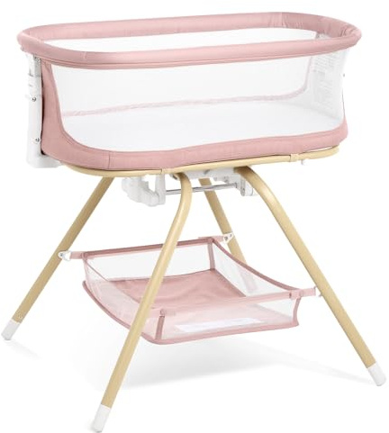 ANGELBLISS 3 in 1 Baby Bassinet, Rocking Bassinets Bedside Sleeper with Calming Motion, Portable Nest for Newborn Infant, Breathable Mesh (Pink)