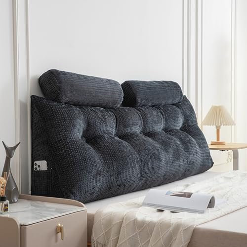 Rückenkissen Bett, Groß Bett Rückenlehne mit Nackenrolle, Ergonomie Rückenstützkissen mit Seitentaschen, Abnehmbar & Waschbar Bezug, Bequemes Keilkissen Bett, Lesekissen für Bett,Dark gray,80cm