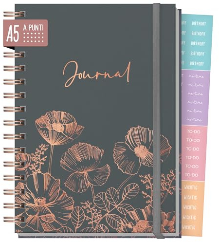 Häfft Dotted Journal Fancy A5 ringbunden anteckningsbok Poppy | 160 numrerade sidor med prickar, papper 120 g/m² och hårt omslag – för dagboksskrivande och anteckningar