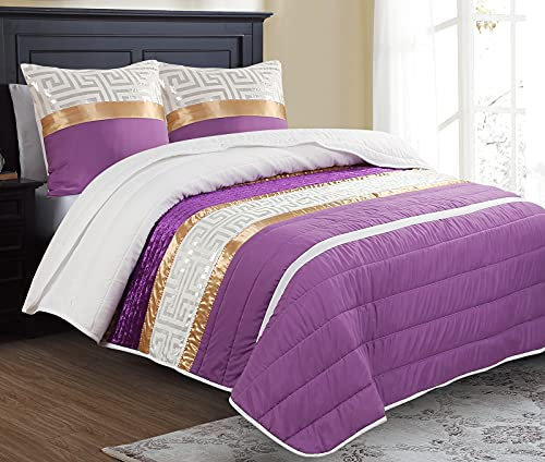 HaraDeco Colcha Jacquard Cosido - Colcha de Verano Decorativa con Fundas de Almohada 40x60 cm - Cubrecama para Todas Las Estaciones - Hogar y Hostelería (Lila, Cama 150)