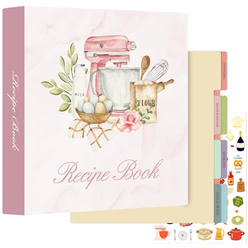 Lanpn Raccoglitore per Ricette a 3 Anelli, libro Ricettario Quaderno per Ricette da Scrivere con 8 Divisori & 2 Adesivi, Recipe Binder Cook Book Journal to Write in Your Own Recipes, Rosa, Inglese