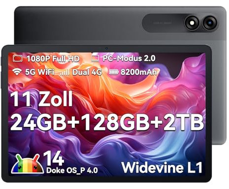 Blackview Tablet 11 Zoll Tab90 Android Gaming Tablet 4G LTE+5G WLAN 24GB(8+16) RAM 128GB ROM (2TB TF) 8200mAh 5MP+13MP Unisoc Tablets Octa-Core, Face ID/GMS/GPS/3.5MM Kopfhörerbuchse/BT5/Widevine L1