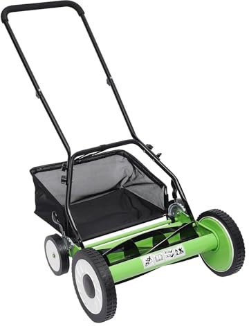 Cortacésped manual con recogedor de césped de 16 pulgadas, 5 cuchillas, cortadora de césped inalámbrica, 9 posiciones de altura ajustable